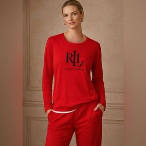 NWT Lauren Ralph Lauren Black Label Red RL Logo Long Sleeve Pajama Sleep Top